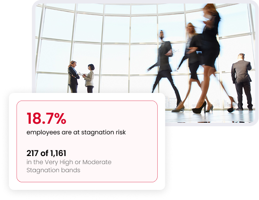 18.7% of employees at stagnation risk — 217 of 1,161 in the Very High or Moderate bands