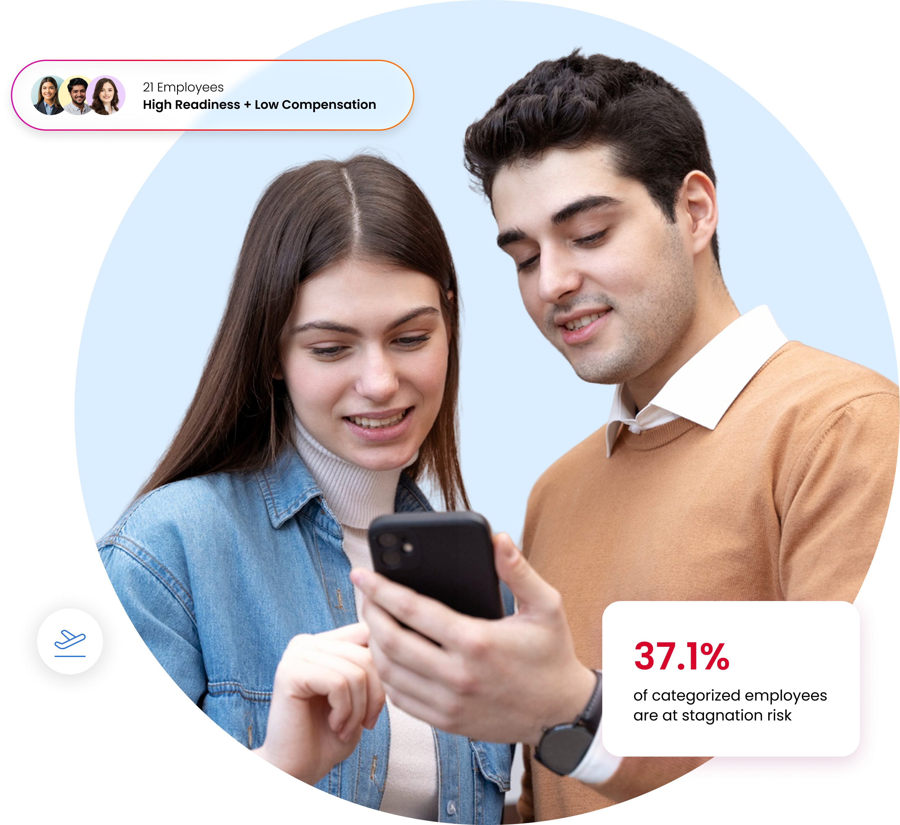 Two colleagues looking at a phone, with 37.1% of categorized employees flagged at stagnation risk